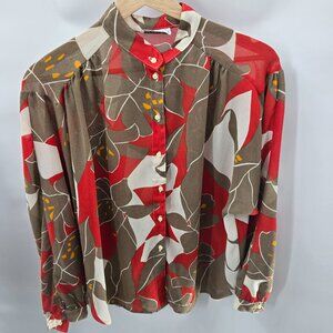 Vintage 70s Campus Casuals of California Brown Red White Sheer Long Sleeve